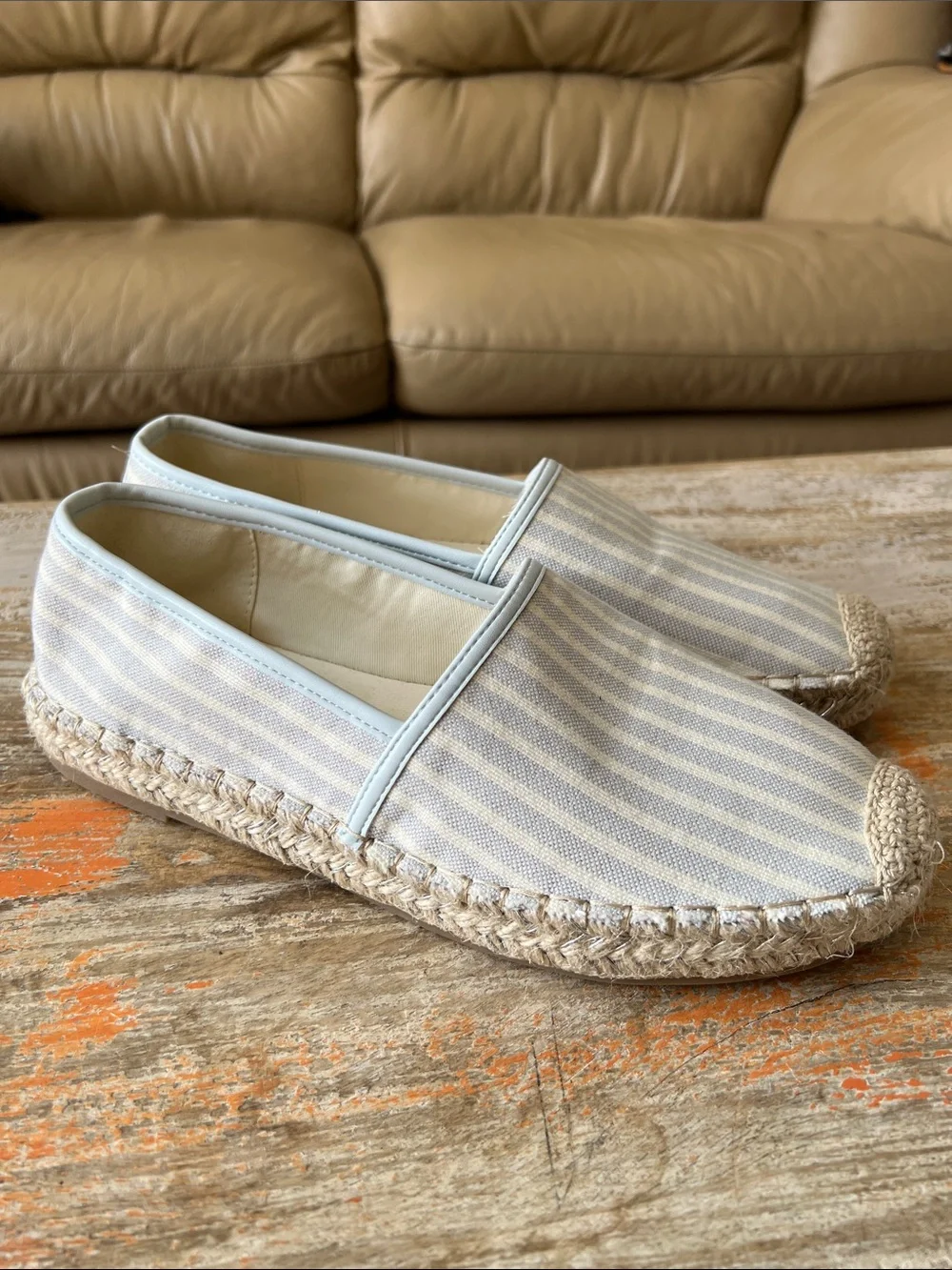Bandolino Light Blue and Cream Striped Espadrille Slip-Ons